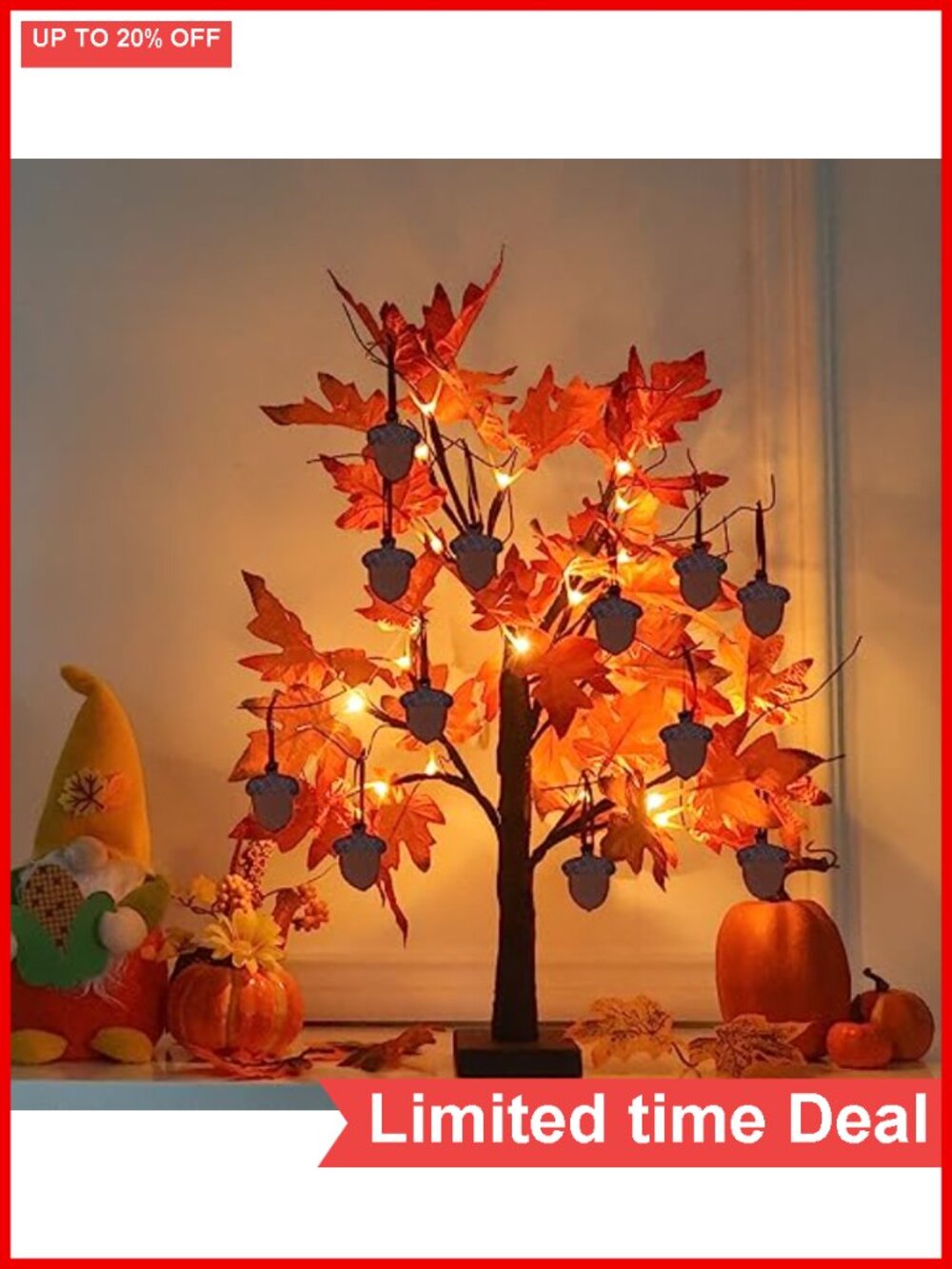 Lighted Fall Maple Leaves Tree with 24 LEDs, 12 Wood Acorn Ornaments, Battery